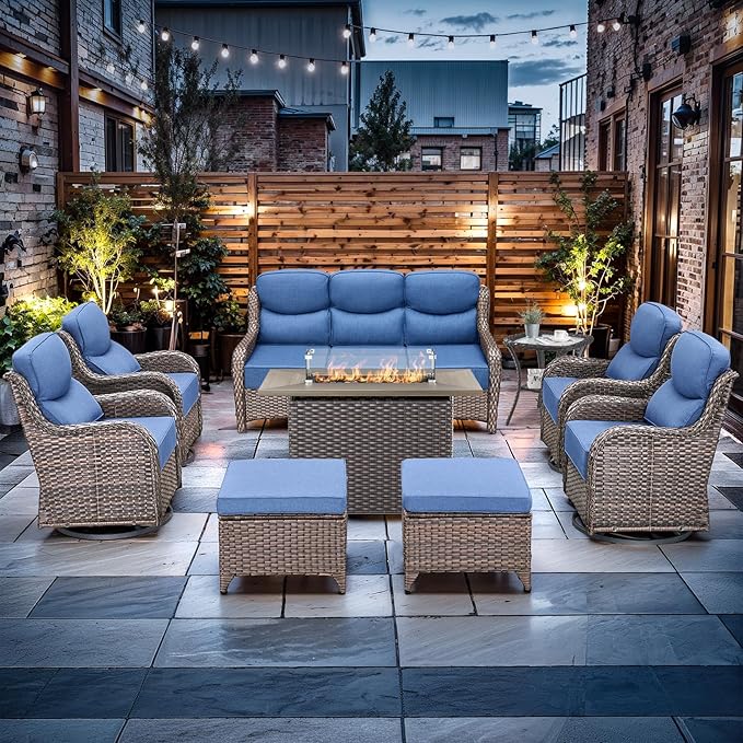 Luxury High Back Outdoor Furniture with 6-inch Extra Thick Cushions, Patio Furniture Set with Fire Pit Table & Swivel Chairs, 9 PCS Wicker Conversation Set for Yard, Deck, Poolside, Brown/Blue