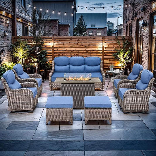 Luxury High Back Outdoor Furniture with 6-inch Extra Thick Cushions, Patio Furniture Set with Fire Pit Table & Swivel Chairs, 9 PCS Wicker Conversation Set for Yard, Deck, Poolside, Brown/Blue