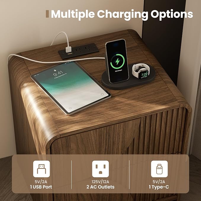 Nightstand Set of 2,Fluted Nightstand with Charging Station, 20" Side Table with 2 Drawers Modern Night Stand Wooden End Table Bedside Table with Curved Design for Bedroom,Walnut - Image 4