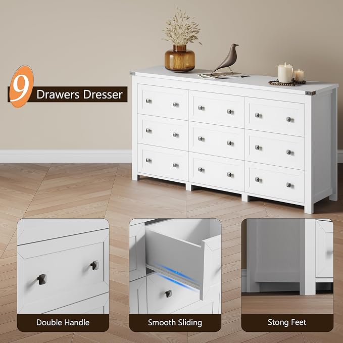 Dresser for Bedroom with 9 Drawers, Farmhouse Wood Chest of Drawers, Wide TV Stand Closet Storage Furniture with Metal Handle, Modern Clothes Organizer for Hallway, Living Room, Entryway, White - Image 5