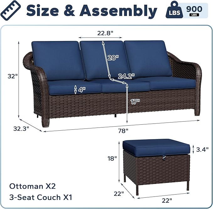 Patio Sectional Sofa Set | 78" 3-Seat Couch with 2 Ottomans, Outdoor Conversation Furniture Set, Outside Wicker Furniture with Washable Cushions (Navy Blue)
