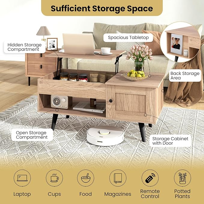 Giantex Lift Top Coffee Table, Modern Cocktail Table with Hidden Compartment, Open Shelf & Cabinet, Wooden Flip Top Center Table, Pull up Coffee Table for Home Office, Living Room (Natural)