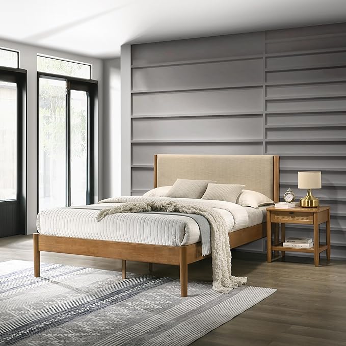 Roundhill Furniture Vichy 2-Piece Rubberwood Bedroom Set with Upholstered Queen Bed and Nightstand, Textured Polyester