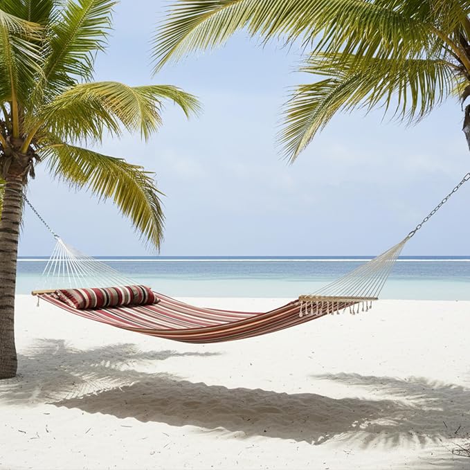 Sunnydaze Quilted Double Hammock for Outside with Spreader Bars and Pillow - 450 lb Capacity, 74x55 Inch Bed, UV Resistant, Quick Dry - Chains Included, Stand Sold Separately - Awning Stripe - Image 9