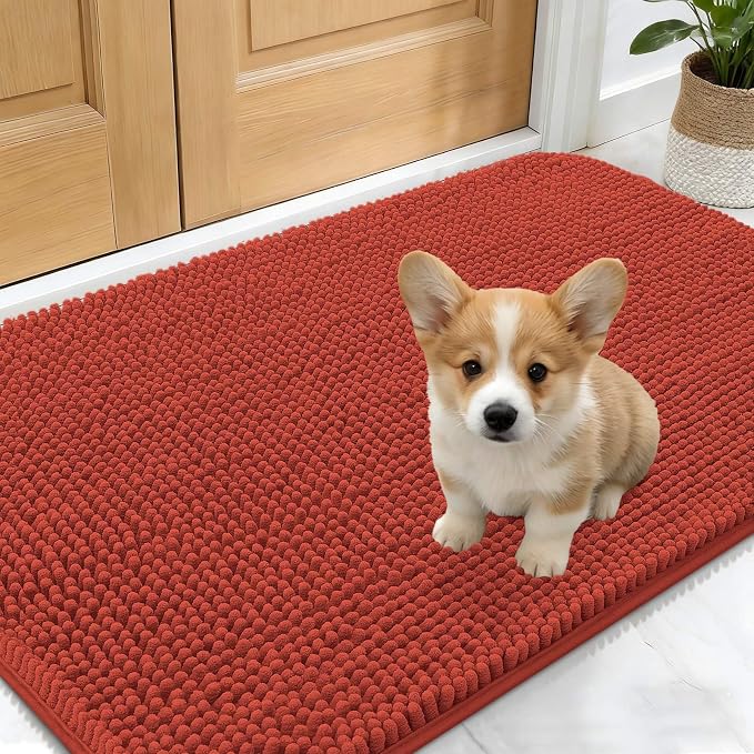 OLANLY Dog Door Mat for Muddy Paws 24x16, Absorbs Moisture and Dirt, Absorbent Non-Slip Washable Doormat, Quick Dry Chenille Mud Mat for Dogs, Entry Indoor Entryway Carpet for Inside Floor, Maple Red by OLANLY