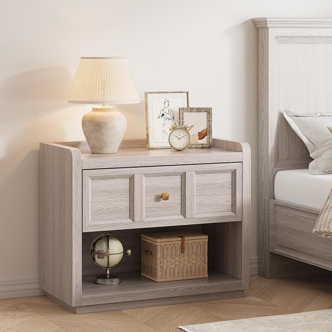 Fynar 26" Nightstands with Drawer Storage, Large Queen Size Night Stand Bedside Table, Farmhouse End Table with Round Corners for Bedroom Sofa Couch Home Office, Grey White Oak by Fynar