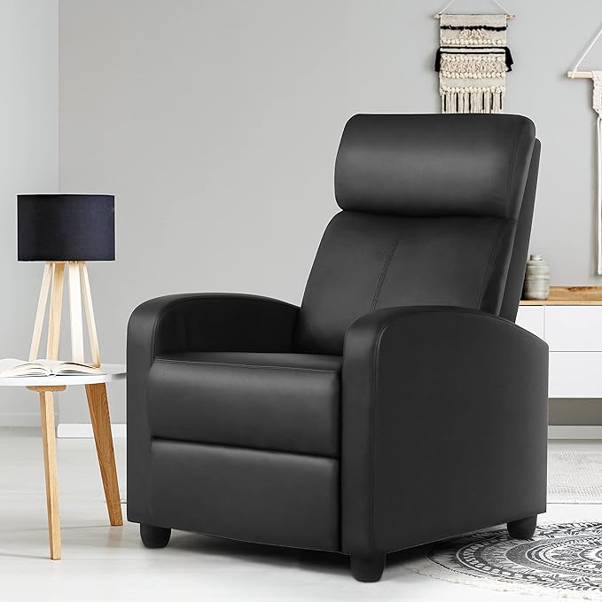 Topeakmart Recliner Chair PU Leather Adjustable Modern Single Reclining Chair with Pocket Spring Living Room Bedroom Home Theater Black
