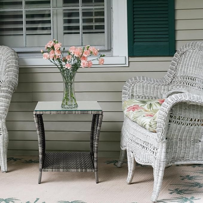 VINGLI Outdoor Wicker Side Table Patio Side Tables for Outside, Tempered Glass Top Wicker Table with Storage End Table for Balcony Porch Deck (Grey) - Image 6