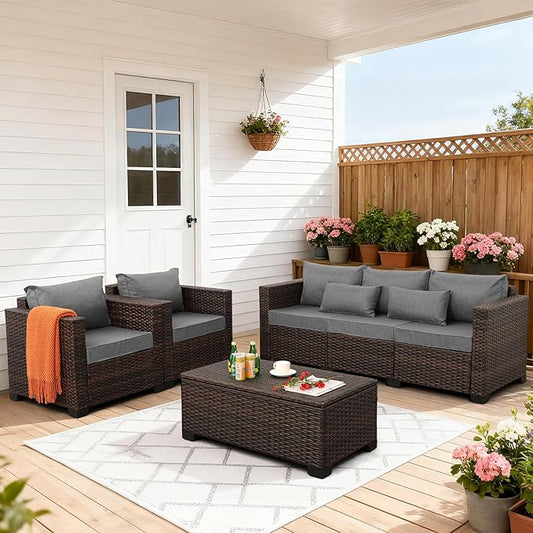 Outdoor Patio Furniture Set 4 Pieces Wicker Outdoor Furniture Chairs and Sofa Patio Storage Table Non-Slip Cushions and Waterproof Covers, Dark Grey