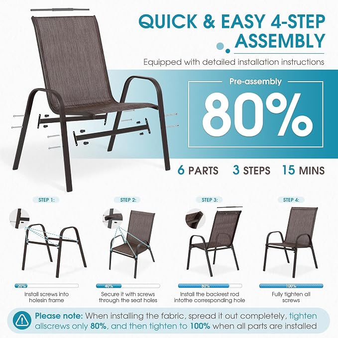 Wider Outdoor Stackable Chairs Set of 4, Stacking Patio Chairs with Textilene Fabric, Outside Furniture for Garden Backyard Balconie Poolside Deck, Brown - Image 6