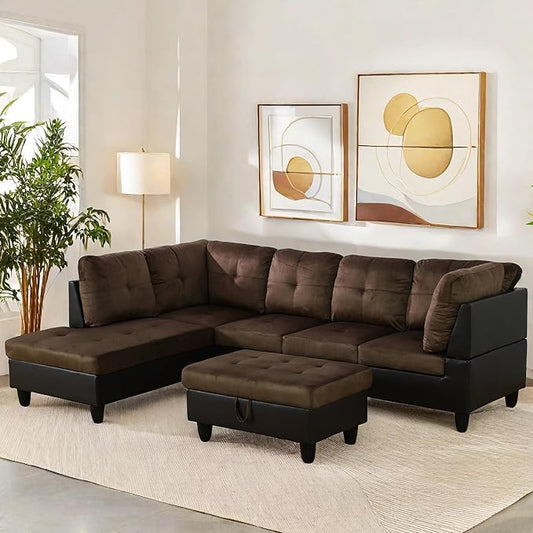 FONTOI L Shaped Sectional Couch with Otttoman, 103" Sectional Sofa for Living Room Flannel Modular Couches with Cup Holders for Bedroom, Apartments, Brown