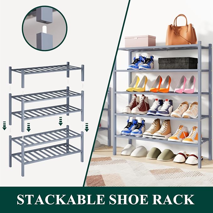 Smiry Shoe Rack, 2 Tier Bamboo Shoe Organizer, Stackable Free Standing Wooden Shoe Storage Shelf for Closet, Entryway, Front Door Entrance, Grey - Image 4