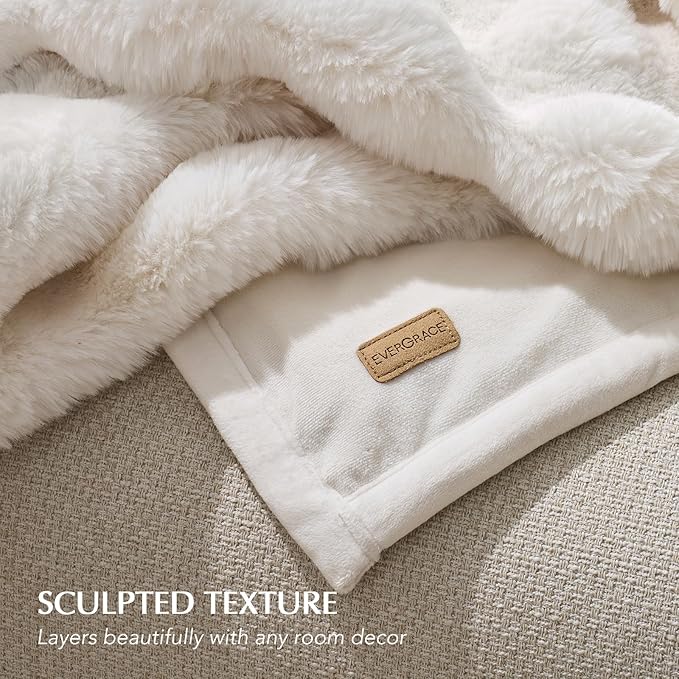 EverGrace Ultra Soft Luxury Fluffy Faux Rabbit Fur Throw Blanket, Thick Warm Bubble Throw for Bed, Cozy Plush Reversible Blankets for Couch, Chair, Sofa, Ivory White, 80x90 Inches