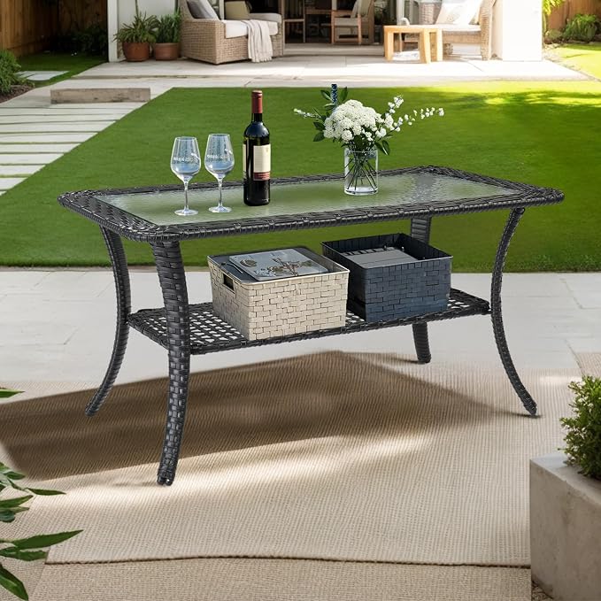 VINGLI Outdoor Coffee Table with Storage Wicker Patio Coffee Table, Tempered Glass Top Coffee Table for Patio Outside Balcony Porch Deck (Black) - Image 7