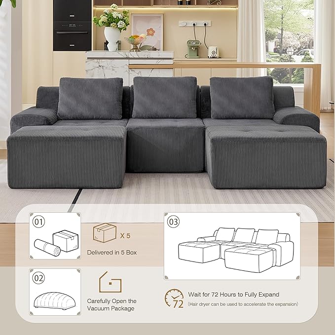 Modular Sectional Sofa, 6 Seat Modular Couch, Modular Sofa with Deep Seat and Detachable Pillow (Grey, 5 Pieces-U Shape)