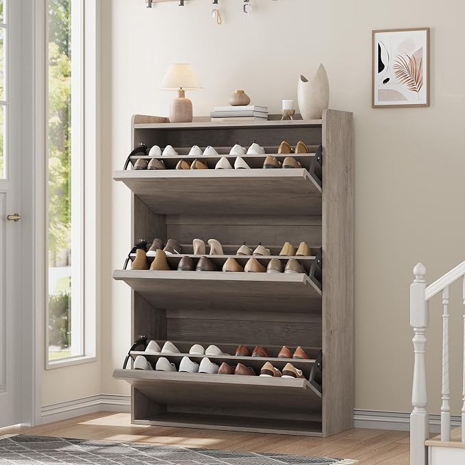 GarveeHome Shoe Cabinet with 3 Flip Drawers, Wooden Shoe Organizer Cabinet with Adjustable Shelf, Shoe Storage for Entryway, Hidden Shoe Cabinet for Hallway, Living Room, Grey by GarveeHome