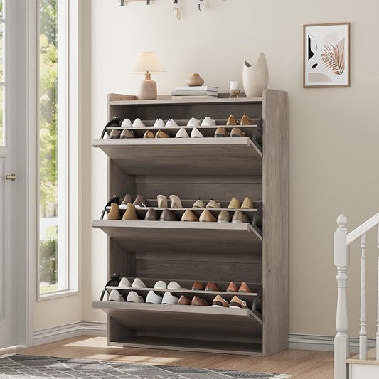 GarveeHome Shoe Cabinet with 3 Flip Drawers, Wooden Shoe Organizer Cabinet with Adjustable Shelf, Shoe Storage for Entryway, Hidden Shoe Cabinet for Hallway, Living Room, Grey by GarveeHome