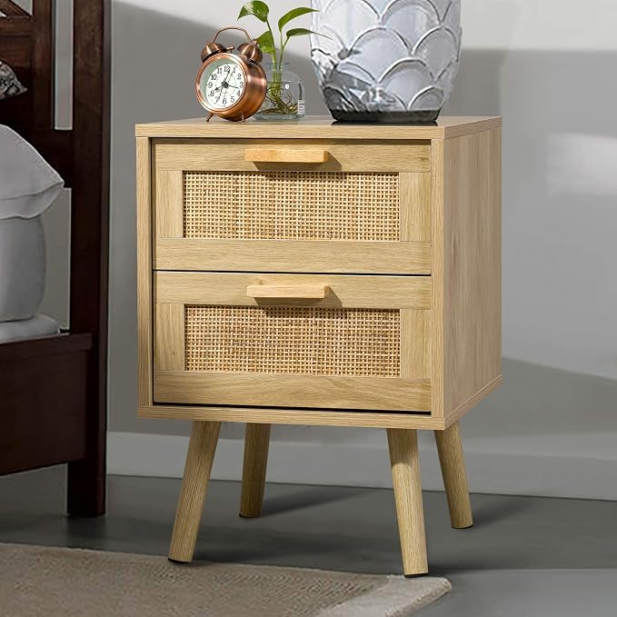 Finnhomy Nightstand, End Table, Side Table with 2 Hand Made Rattan Decorated Drawers, Wood Accent Table with Storage for Bedroom, Natural (Patented) by Finnhomy