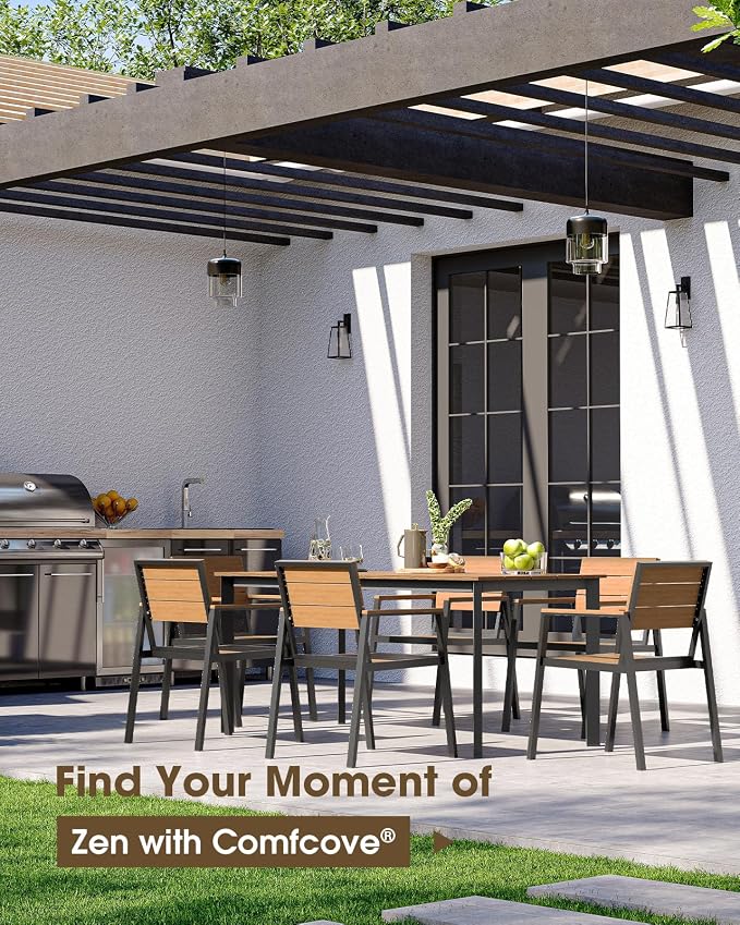 Outdoor Dining Set, Aluminum Patio HDPS Outdooor Table and Chairs Set with Umbrella Hole, All Weather Patio Furniture Set, Patio Dining Table Set,Gray & Teak,7 Pieces - Image 7