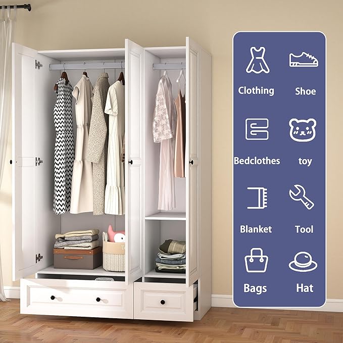 Armoire Wardrobe Closet with Drawers: 74" White Wardrobe Close with 3 Doors, Tall Armoire with Hanging Rod, Large Wood Clothes Cabinet for Bedroom (White, 47")
