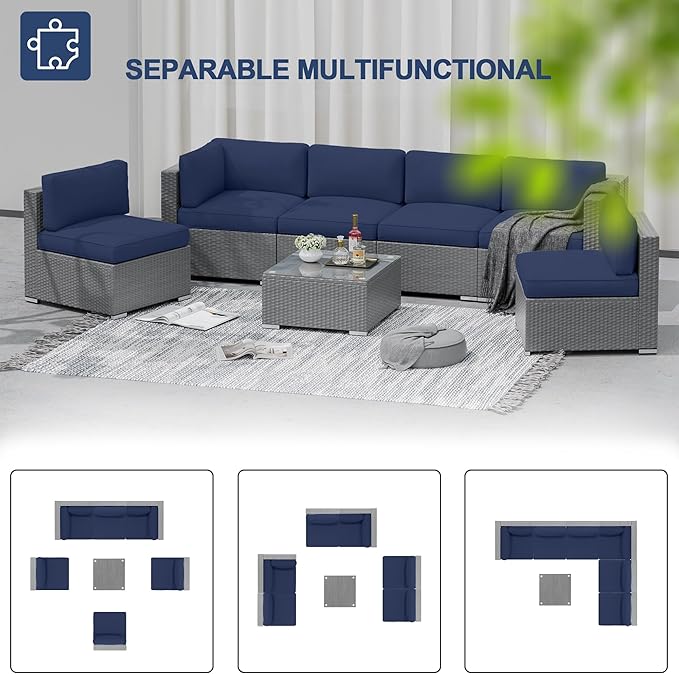 SUNCROWN Outdoor Patio Furniture Set 7 Piece Outdoor Sectional Sofa Grey Wicker Conversation Sofa Set with Coffee Table, Cushions and A Waterproof Cover -Dark Blue