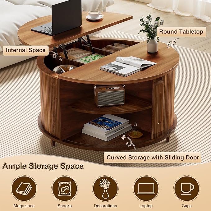 Round Lift Top Coffee Table, 31.5" Fluted Wood Accent Coffee Table with 180° Curved Sliding Door, Hidden Storage, Mid Century Modern Center Table for Living Room Office Small Spaces, Walnut
