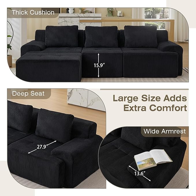 Modular Sectional Sofa, 6 Seat Modular Couch, Modular Sofa with Deep Seat and Detachable Pillow (Black, 4 Pieces-L Shape)