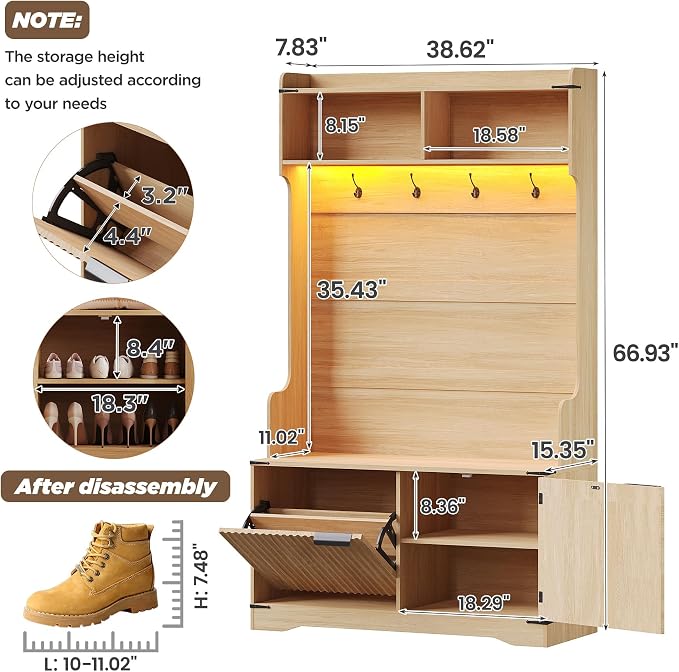 Maupvit Farmhouse Hall Tree with Bench and Shoe Storage, 4 Coat Rack with Shoe Storage Cabinet, 5-in-1 Entryway Organizer with Led Lights, Adjustable Shelves & Flip Drawers, Mudroom Seat Stool, Oak - Image 2
