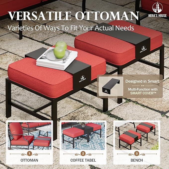 HERA'S HOUSE 7 Piece Patio Furniture Set, 4 x Leg Chair, 2 x Cushioned Ottoman, 1 x 3-Seat Sofa, All Cushioned 9 Seats Metal Outdoor Conversation Set for Lawn Garden Backyard