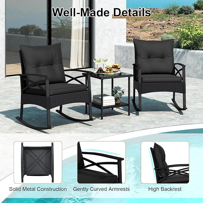 Tangkula 3 Pieces Outdoor Rocking Chairs Set, Rattan Heavy Duty Cushioned Rocker Chairs with 2-Tier Tempered Glass Coffee Table, for Garden, Balcony, Backyard (Black+Gray) - Image 9