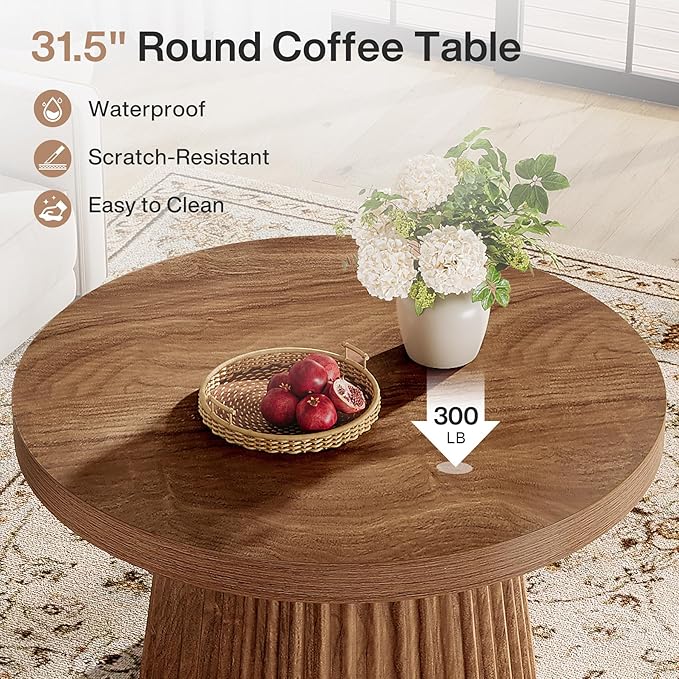 Tribesigns Coffee Table, 31.5" Small Farmhouse Round Coffee Tables with Fluted Drum Base, Mid Century Modern Farmhouse Accent Center Table for Living Room, Apartment, Small Space, Walnut