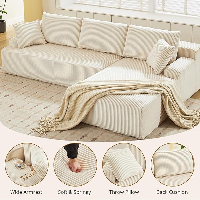 96” Modular Sectional Sofa Couches l-Shape Couch 3 Seat Modular Sofa Memory Foam Sectional Couches for Living Room, Cloud Couch with Oversized Chaise (Beige, Right Facing Chaise)