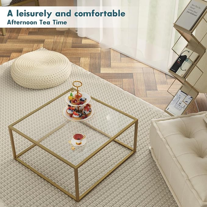 SAYGOER Glass Coffee Table Modern Coffee Tables for Living Room Square Minimalist Center Tables for Home Office 26.7 x 26.7 x 17.7, Gold