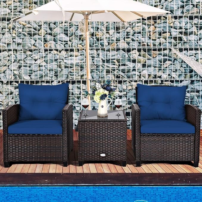RELAX4LIFE 3 Piece Patio Furniture Set, Wicker Bistro Conversation Set w/ 2 Cushioned Armchairs & Glass Topped Table, Outdoor Rattan Sofa Set Patio Furniture for Porch Balcony Poolside (Navy Blue)