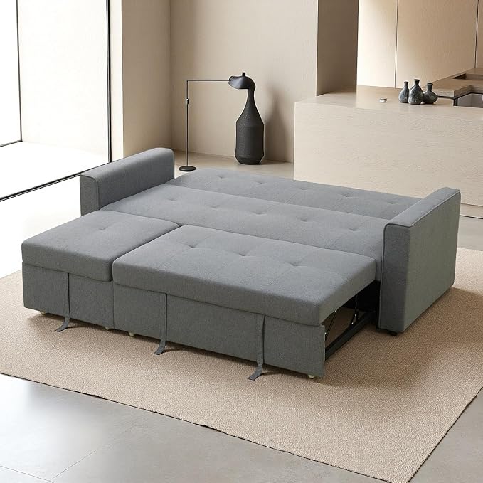 Convertible Sofa Bed Couch, 4 Seat Iron Frame Sectional Couches for Living Room with Storage for Apartment, Sleeper Sofa Couch with Pullout Bed, Light Grey