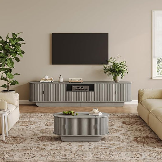 Fluted TV Stand and Coffee Table Set of 2, 86.6'' TV Console for 55-85 Inch, Modern Entertainment Center with Large Storage Cabinet, Lift Top Coffee Table for Living Room, Bedroom, Grey by ukaocai