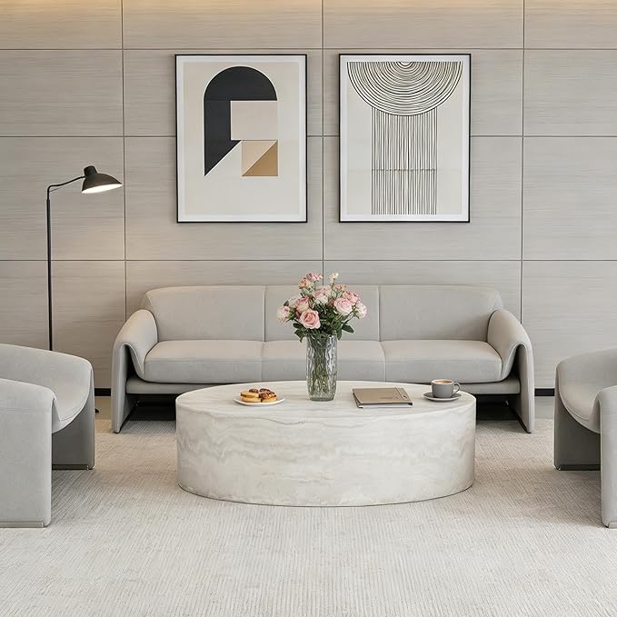 43.7” Oval Coffee Table, Modern Fiberglass Center Table, Faux Marble Accent Coffee Table for Living Room, Office, Apartment, Patio, No Assembly.(Mars,ø43.7 x 24.8“ x 13.77")