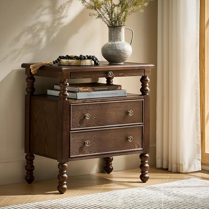 HULALA HOME 26" End Table with Charging Station, Transitional 2 Drawer Wood Endtable with Pull-Out Shelf and Open Storage Space, Large Side Table with Solid Wood Spindle Legs, Walnut - Image 7