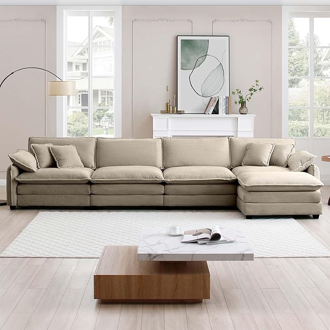 KEIKI 150" L-Shaped Oversized Corduroy Modular Sectional Sofa with 1 Ottoman, High-Density Foam Cushions, Removable Armrests, Upholstered 4-Seater Corner Couch with 6 Pillow, for Living Room, Tan