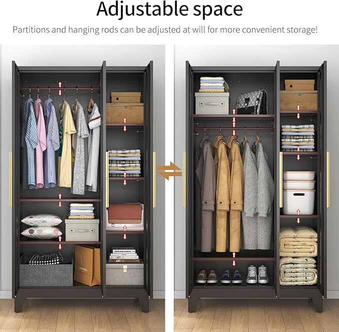 75.3" Tall Metal Armoire Wardrobe Closet with 3 Doors, Adjustable Hanging Rod and 5 Adjustable Shelves, Freestanding Storage Cabinet Organizer for Bedroom, Office, Laundry Room，Black