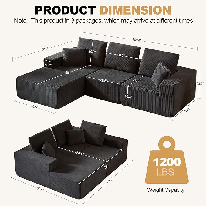 109.4" Oversized Modular Sectional Sofa with Chaise, Convertible L Shaped Cloud Couch with Deep Seat, 35D Full Foam Compressed Boneless Couches for Living Room, Bedroom, Office, No Assembly Required