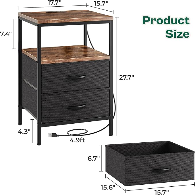 Huuger Night Stand with Charger Station, 27.7 Inch Tall Nightstand, Bed Side Table with 2 Fabric Drawers, Fabric Drawer Dresser for Bedroom, Living Room, Rustic Brown and Black - Image 3