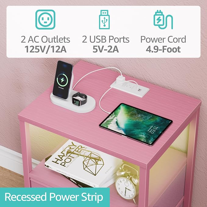 BOLUO Pink Nightstand with Charging Station, LED Night Stand with 2 Fabric Drawers, Bedside Table with USB Ports and Outlets, Nightstand for Bedroom Modern - Image 5