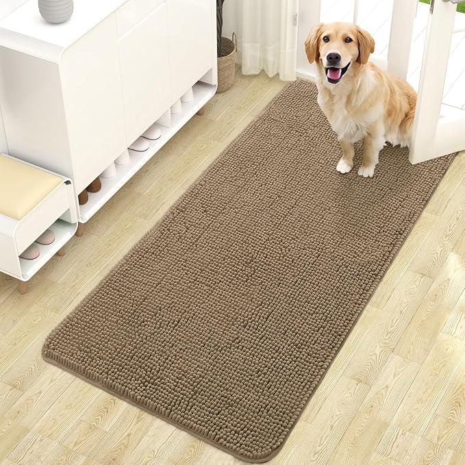 OLANLY Dog Door Mat for Muddy Paws 47x24, Absorbs Moisture and Dirt, Absorbent Non-Slip Washable Doormat, Quick Dry Chenille Mud Mat for Dogs, Entry Indoor Entryway Carpet for Inside Floor, Tan by OLANLY