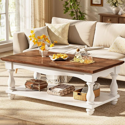 Farmhouse Coffee Table with Storage, 47" Mid Century Coffee Tables for Living Room, Modern 2-Tier Rectangle Coffee Table with Solid Wood Legs, Vintage Living Room Tables, Rustic Brown