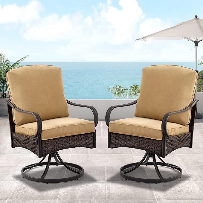 EROMMY Patio Swivel Chairs Set of 2, Outdoor Swivel Chairs with Cushion, Patio Dining Chairs for Garden, Patio, Backyard and Balcony, Khaki by EROMMY