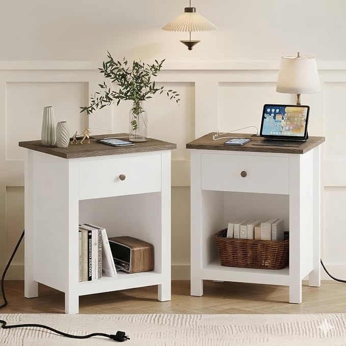 ChooChoo Farmhouse Nightstand Set of 2,Night Stand with Charging Station, Wooden Top Bedside End Table with Drawer and Storage Space for Bedroom, White by ChooChoo
