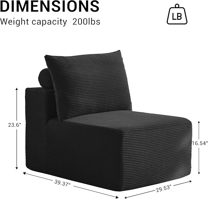 Modular Corduroy Middle Seat, 30" Single Seater Sofa with Deep Compression Couch, DIY Sectional Couch Piece for Living Room or Bedroom, No Assembly Required (Black, Single Seater)