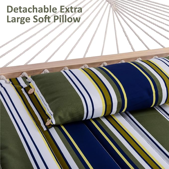 SUNCREAT Double Hammock, Extra Large Quilted Fabric Swing with Hardwood Spreader Bars & Detachable Pillow, Heavy Duty, Perfect for Indoor/Outdoor Patio, Deck, Yard, Blue&Aqua - Image 5