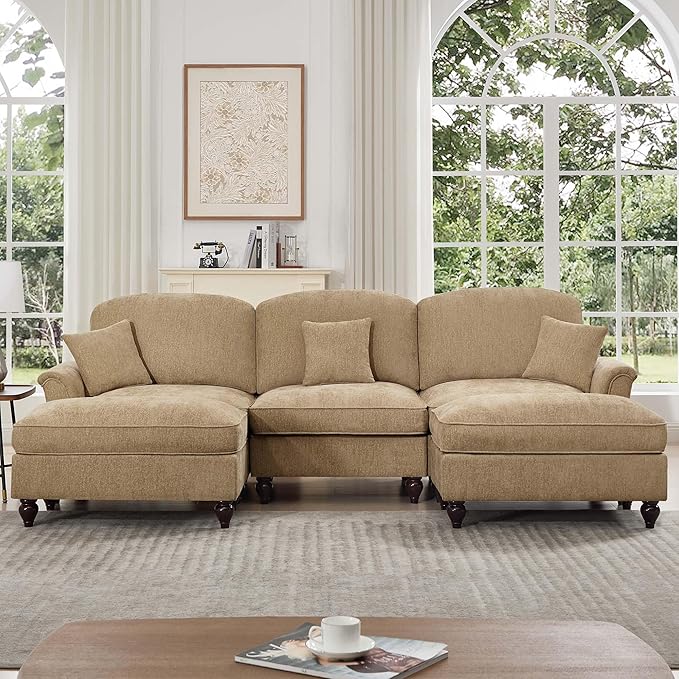 KEIKI Mid Century Modular Sofa with Flared Arms and Skirted Design, 107” Oversized 3-Seater with 2 Ottomans Chenille U-Shaped Sectional Couches for Living Room, Chaise Lounge Indoor, Light Coffee